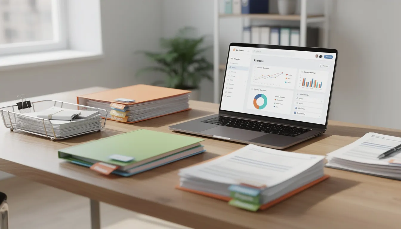 The image shows a neatly organized desk with folders and documents, including various state and federal documents, alongside a laptop. This setup suggests an environment for handling important administrative and legal documents, possibly related to the apostille process or authentication of public documents.
