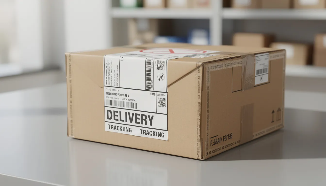 The image shows a secure courier package resting on a counter, adorned with various shipping labels that indicate its destination. This package likely contains important documents such as a certified marriage certificate or other vital records, emphasizing the significance of secure delivery for legal documents.