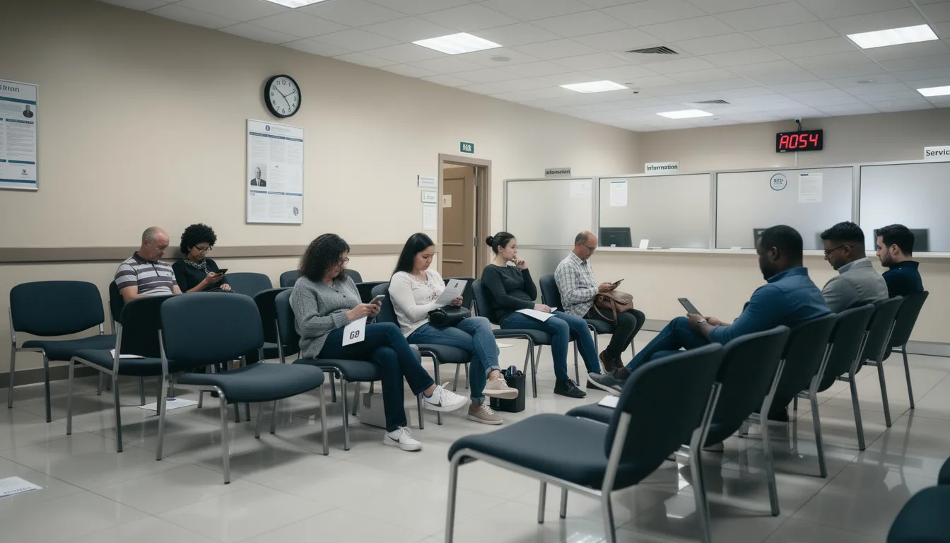 The image depicts a busy waiting room in a government office, with several chairs occupied by individuals awaiting assistance related to immigration services, such as applying for a replacement naturalization certificate or submitting supporting documentation. The atmosphere is filled with anticipation as people prepare to navigate the naturalization process.