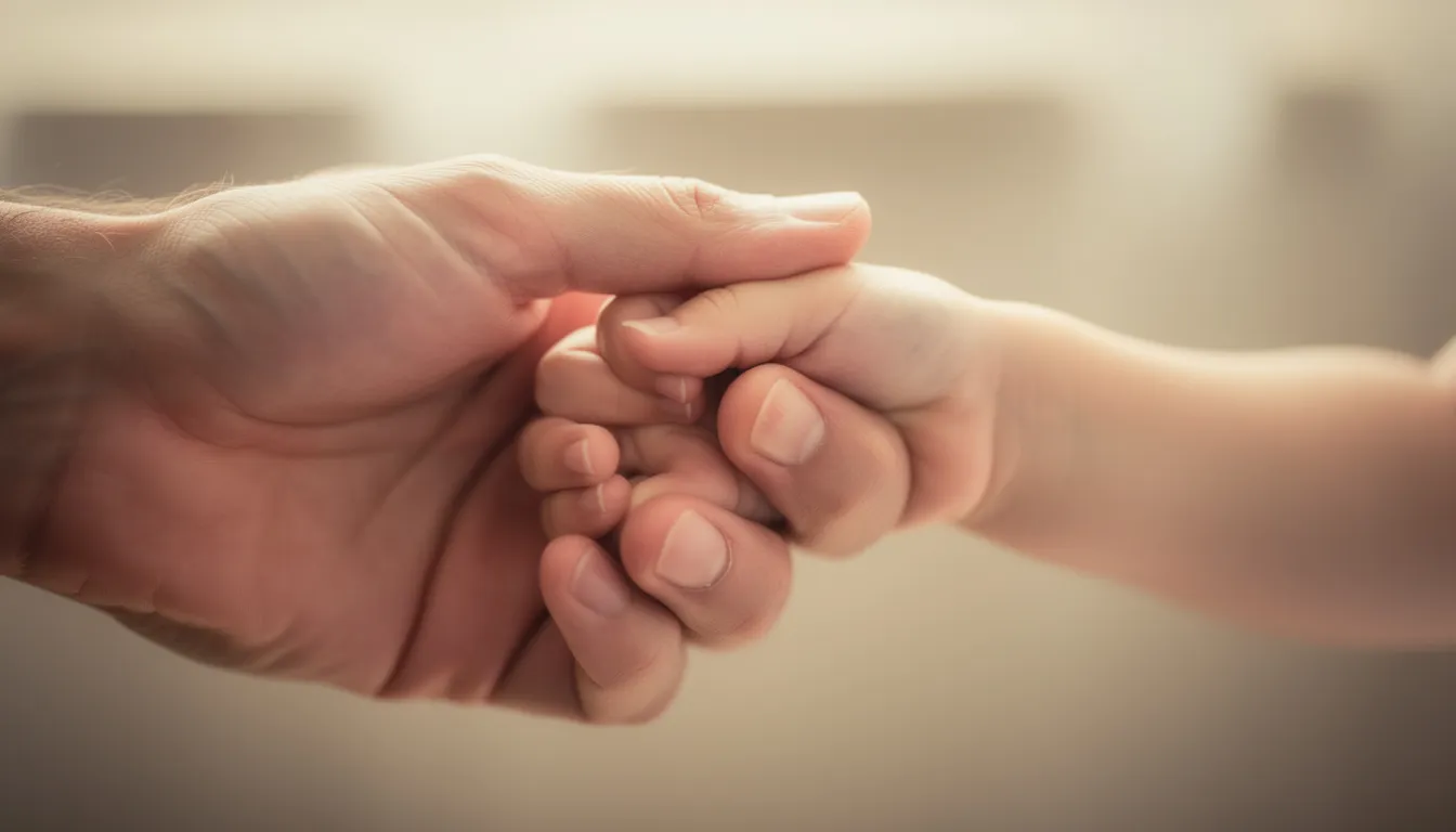 The image depicts a close-up of a parent and child's hands gently holding each other, symbolizing a deep generational connection. This moment reflects the importance of heritage and ancestry, which is significant for those exploring options like obtaining Slovak citizenship by descent.