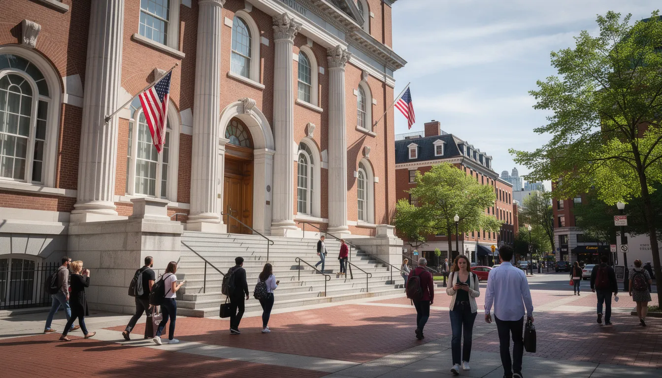 The image depicts a historic government building in Boston, Massachusetts, with people walking outside, showcasing the vibrant atmosphere of the area. This location is significant for services like apostille certification and notary services, often utilized for documents headed to foreign countries.
