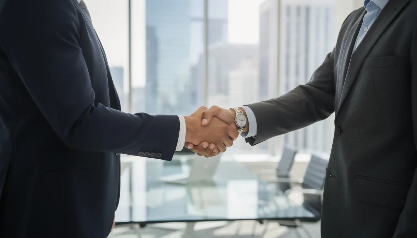 The image depicts a professional handshake between two business individuals in a modern office setting, symbolizing a successful partnership. This gesture reflects the importance of trust and collaboration in business transactions, which often involve services like document authentication and legal processes.