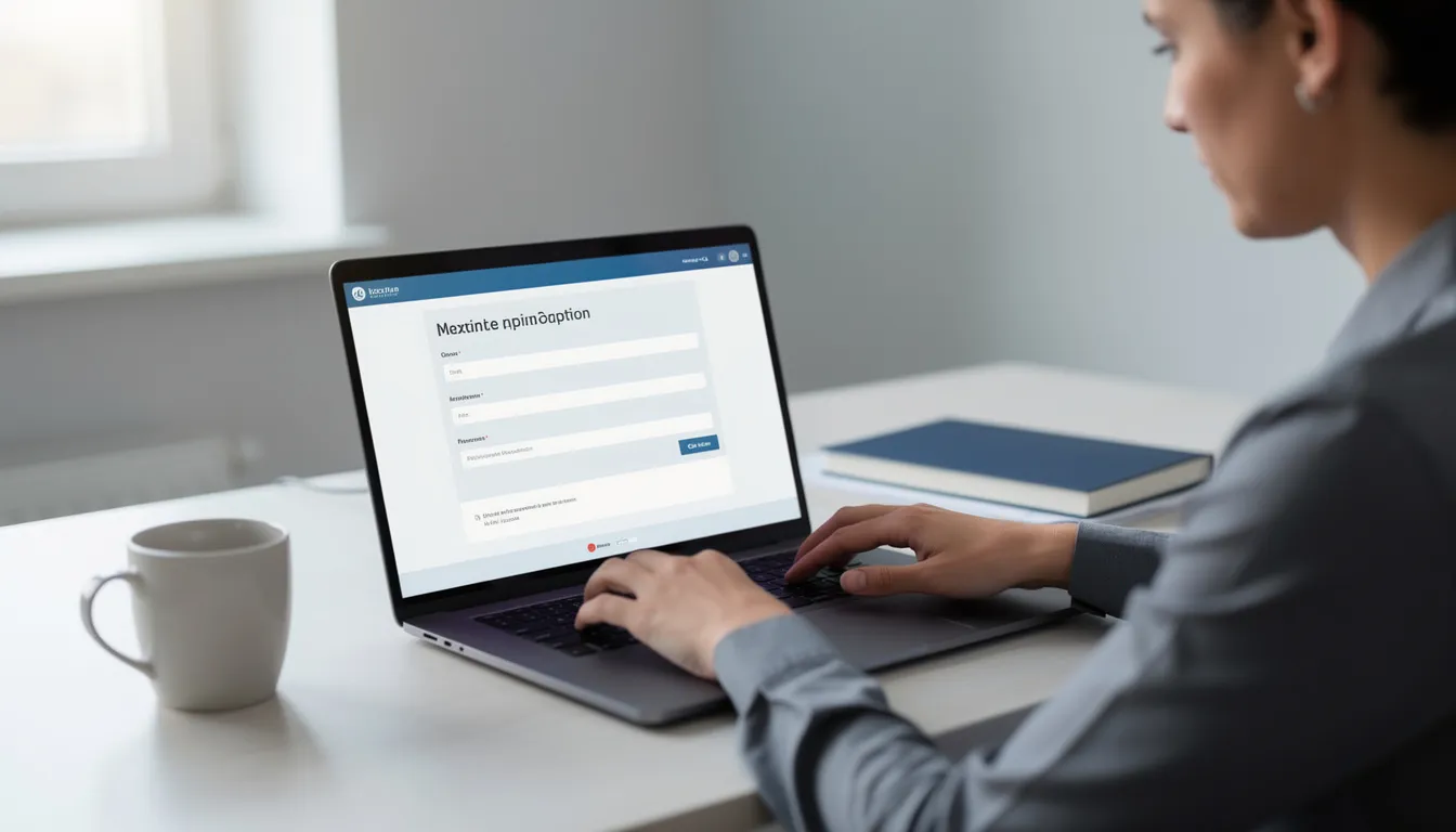 A person is seated at a desk, intently using a laptop to complete an online application for vital records, such as a birth certificate. The workspace is organized, and the individual appears focused on gathering the necessary documentation for legal purposes.