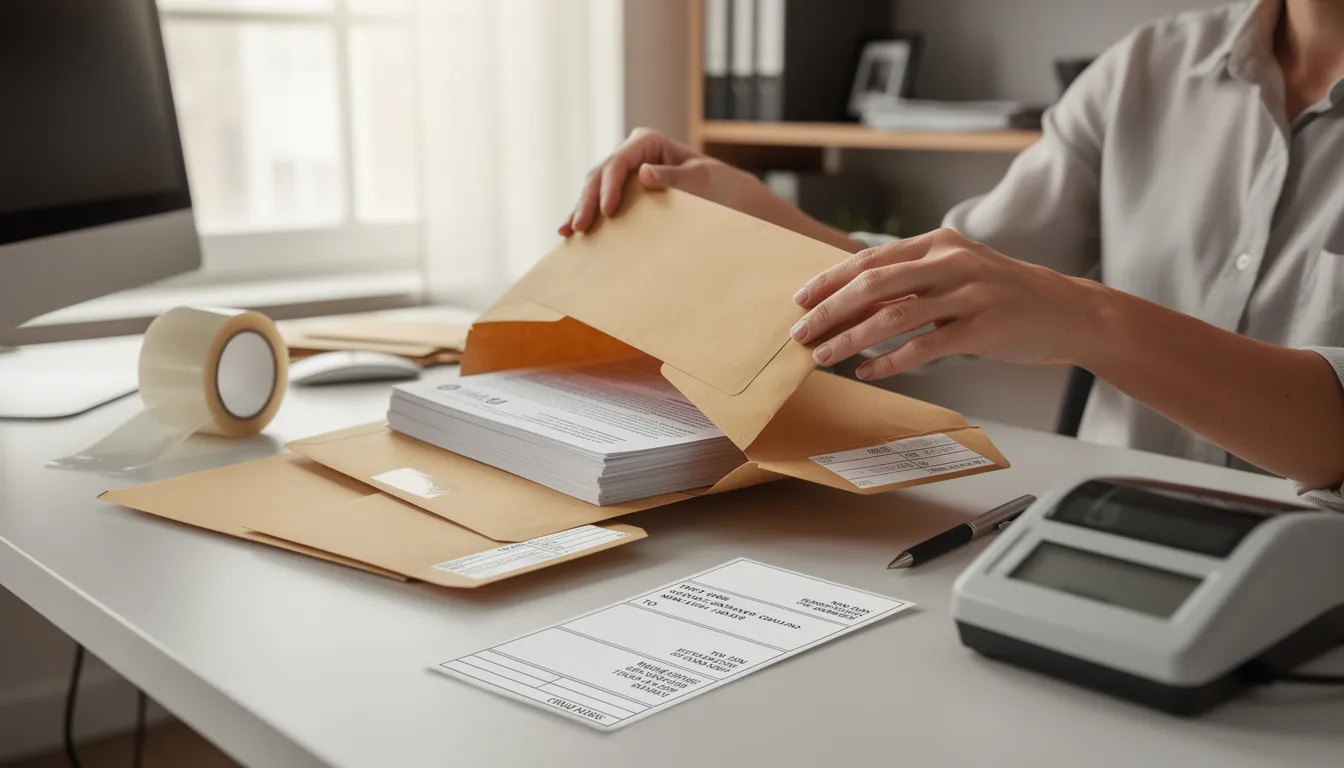 A person is carefully packaging important documents, including legal and public documents, into an envelope for mailing, possibly to a secretary of state's office for apostille services or document authentication. The scene emphasizes the importance of handling foreign public documents and ensuring they are ready for first-class mail.