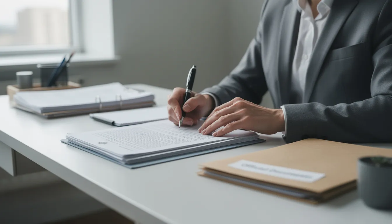 A person is seated at a desk, carefully reviewing official paperwork with a pen in hand, surrounded by various notarized documents, including birth certificates and marriage licenses. This scene reflects the importance of document authentication and the apostille process for ensuring the validity of public documents for use in foreign countries.