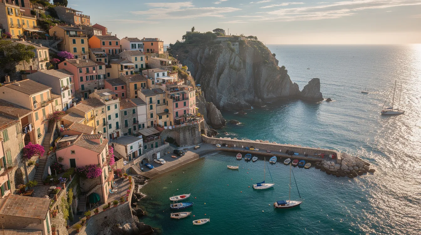 An aerial view captures a picturesque Italian coastal village featuring traditional Mediterranean architecture and a bustling harbor, reminiscent of the charm that draws many individuals to explore their Italian ancestry and consider acquiring Italian citizenship by descent. The vibrant colors of the buildings and the serene blue waters reflect the rich cultural heritage associated with Italian citizenship laws.