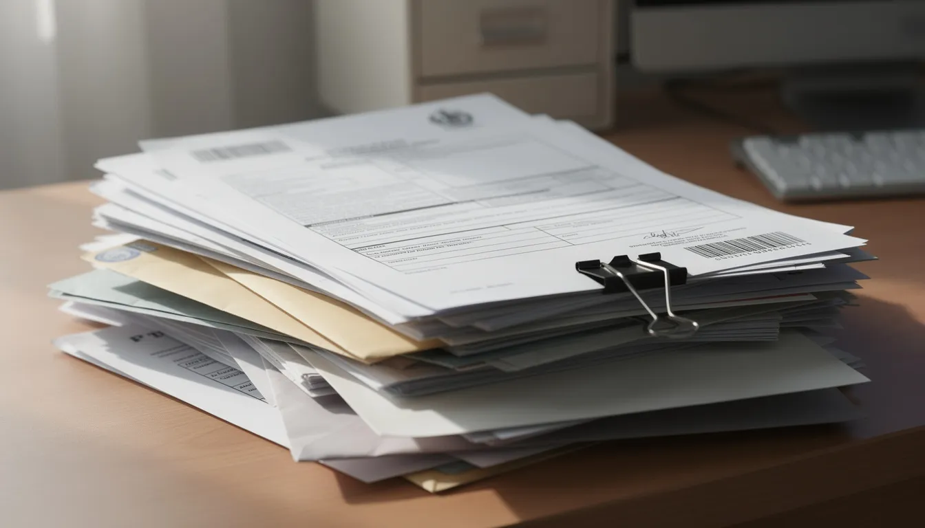 The image depicts a stack of official government forms and documents, including vital records such as birth certificates, marriage licenses, and divorce certificates. These documents are essential for identity verification and can be obtained through government agencies.