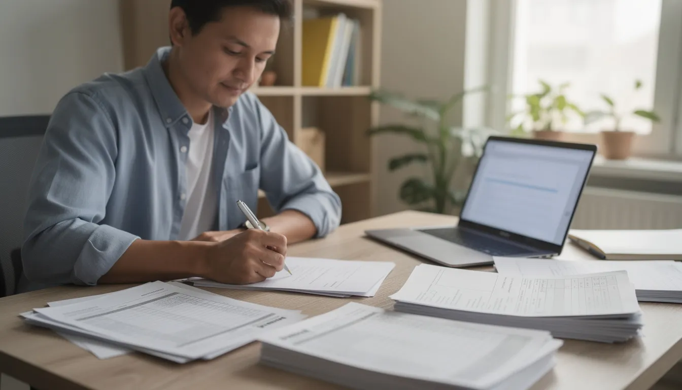 A person is seated at a home office desk, diligently filling out paperwork related to vital records, with a laptop nearby. The scene suggests they may be completing forms to obtain a certified birth certificate or other important documents.