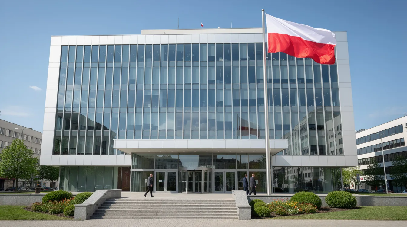 The image depicts a modern government office building prominently featuring the Polish flag, symbolizing the Polish authorities and their role in matters such as confirming Polish citizenship and assisting individuals with Polish ancestry. The sleek architecture reflects the contemporary nature of public offices responsible for citizenship regulations and services.