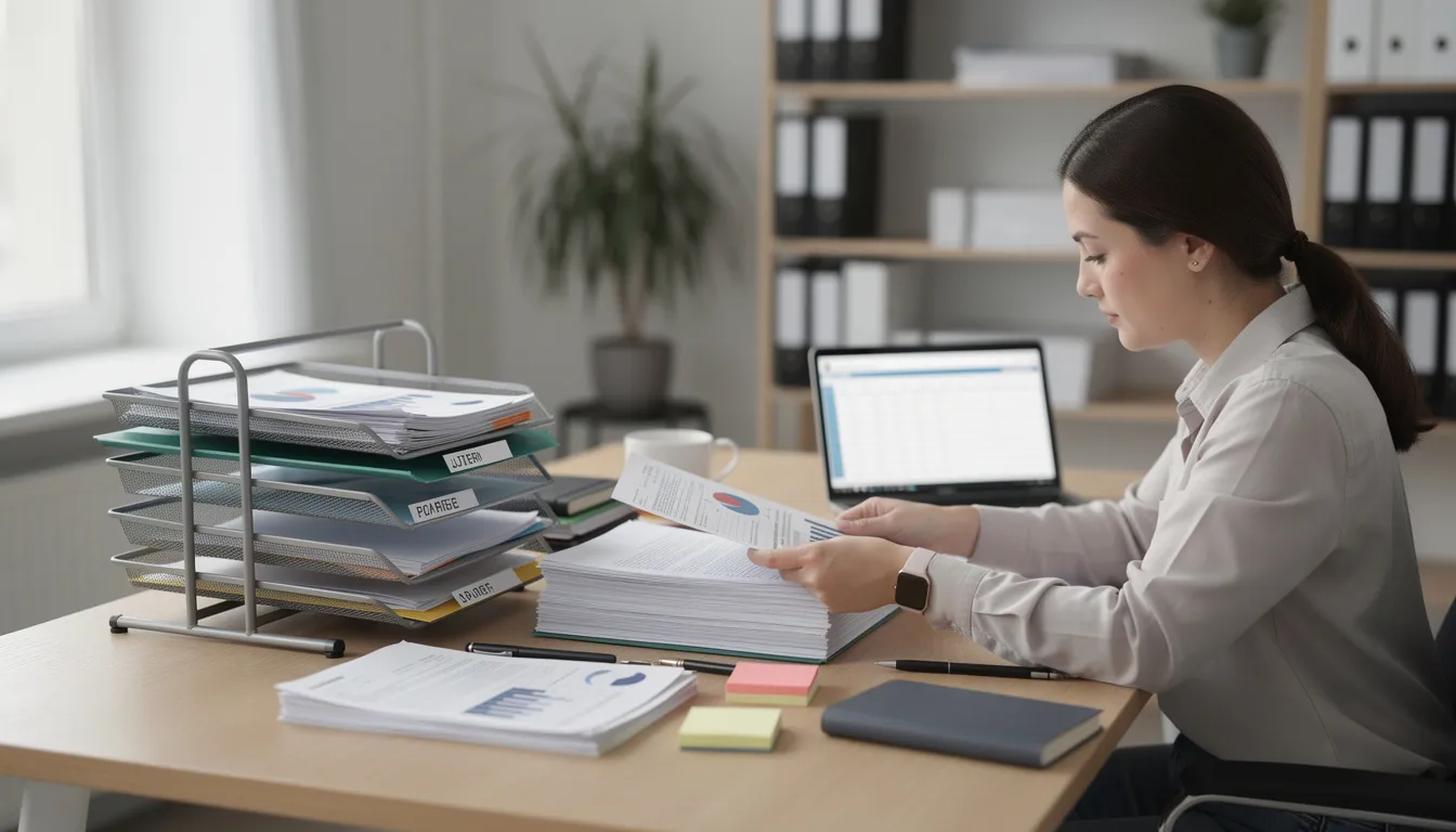 The image depicts a person diligently organizing various paperwork and documents at an office desk, which may include vital records such as birth and marriage certificates. This scene reflects the importance of properly managing personal documents in relation to services like Connecticut apostille and document legalization for international use.
