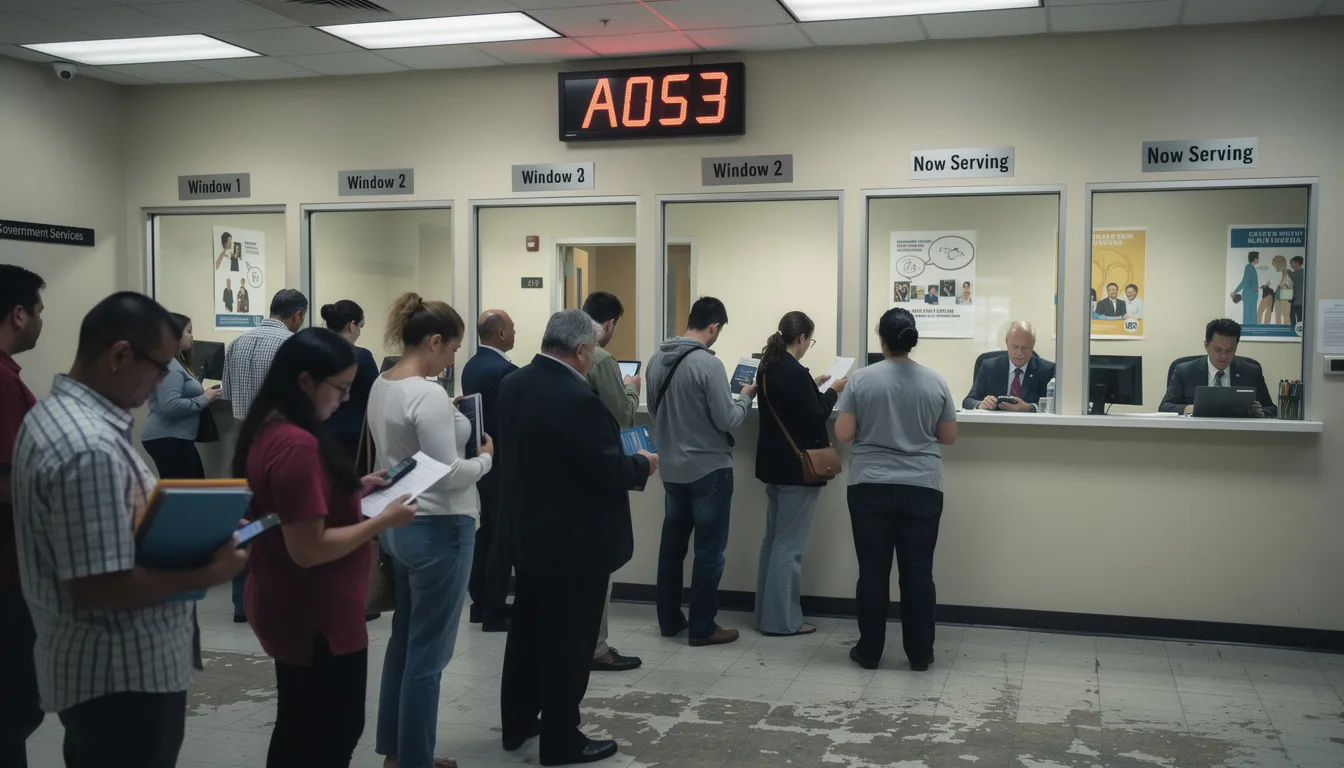 The image shows a diverse group of people patiently waiting in line at a government office, where service windows are visible for processing vital records such as birth certificates, marriage certificates, and death certificates. The atmosphere conveys a sense of anticipation as individuals prepare to submit documents or request certified copies of important records.