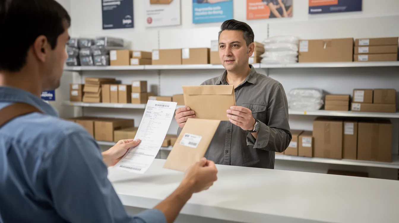 A person stands at a shipping counter holding an envelope and a tracking slip, prepared to submit their notarized documents for apostille certification. The setting suggests a focus on the apostille process, indicating the importance of properly authenticated legal documents for conducting business overseas.