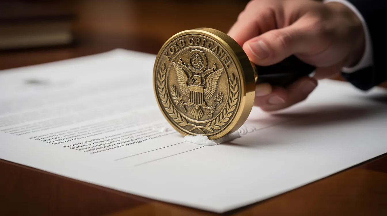 The image shows an official government seal being pressed onto a document, symbolizing the certification of vital records such as a birth certificate or marriage license. This process is essential for verifying the identity and events like birth or marriage for legal purposes.