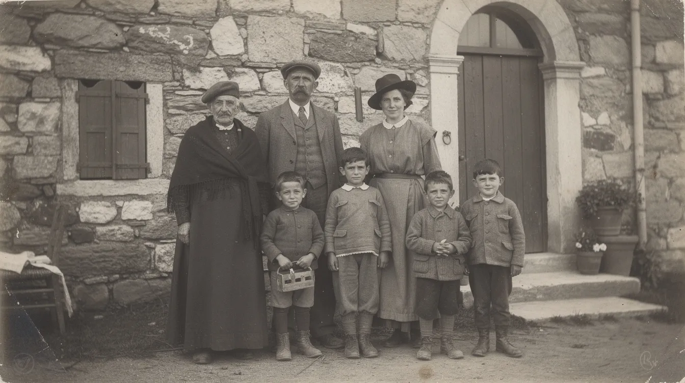 A vintage photograph captures an Italian family from the early 1900s, standing together outside a rustic stone building, showcasing their strong Italian ancestry. This image reflects the rich heritage that many individuals today may explore when claiming Italian citizenship by descent.
