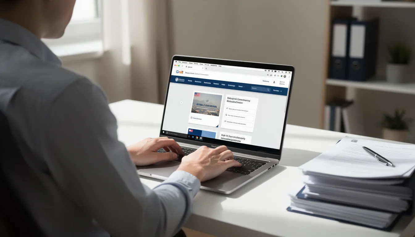 A person is seated at a desk, focused on their laptop as they search for information on government websites related to vital records such as birth and death certificates. The scene conveys a sense of determination to obtain necessary documents for identity verification.