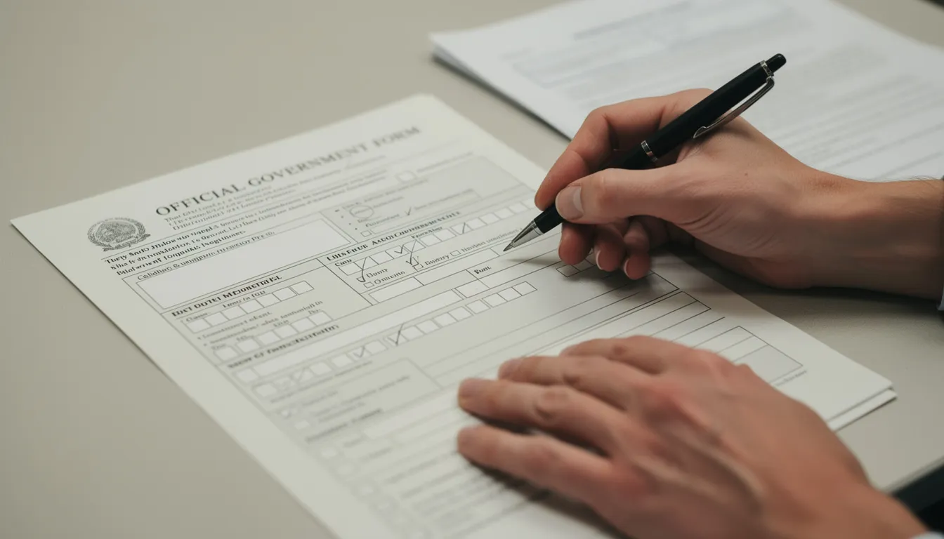 The image shows a pair of hands diligently filling out an official government form, likely for obtaining a certified birth certificate or other vital records. The form is detailed and requires personal information, emphasizing the importance of accurate completion for identity verification.