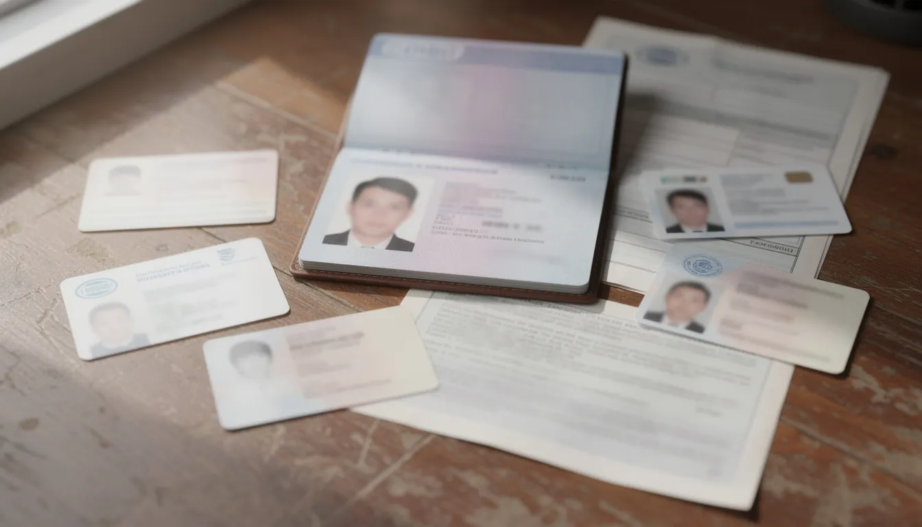 The image shows a collection of official documents, including a passport and various identification cards, laid out on a wooden desk. These documents may include vital records such as a birth certificate or marriage license, essential for verifying identity and personal information.
