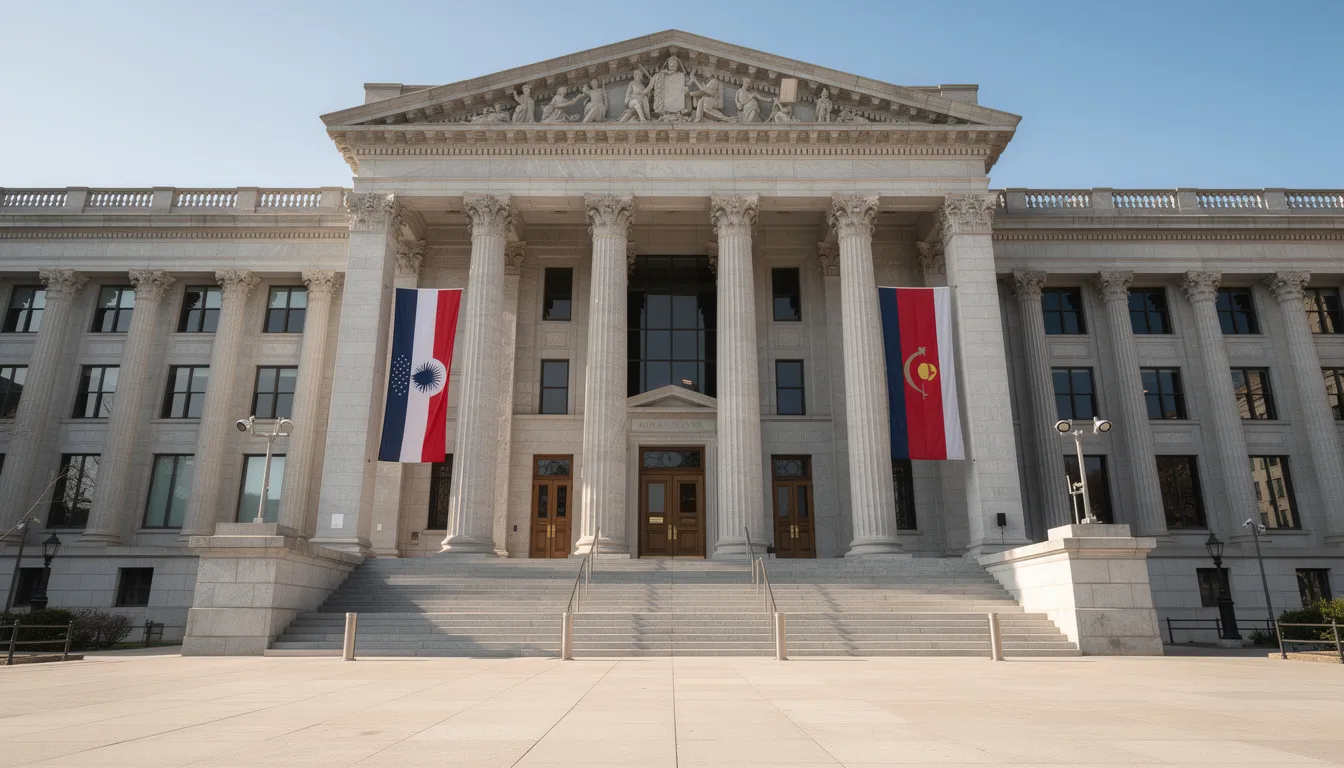 The image shows the entrance of an official government building, featuring tall columns that convey a sense of authority and permanence. This location is likely where individuals can request vital records such as a birth certificate or other important documents.
