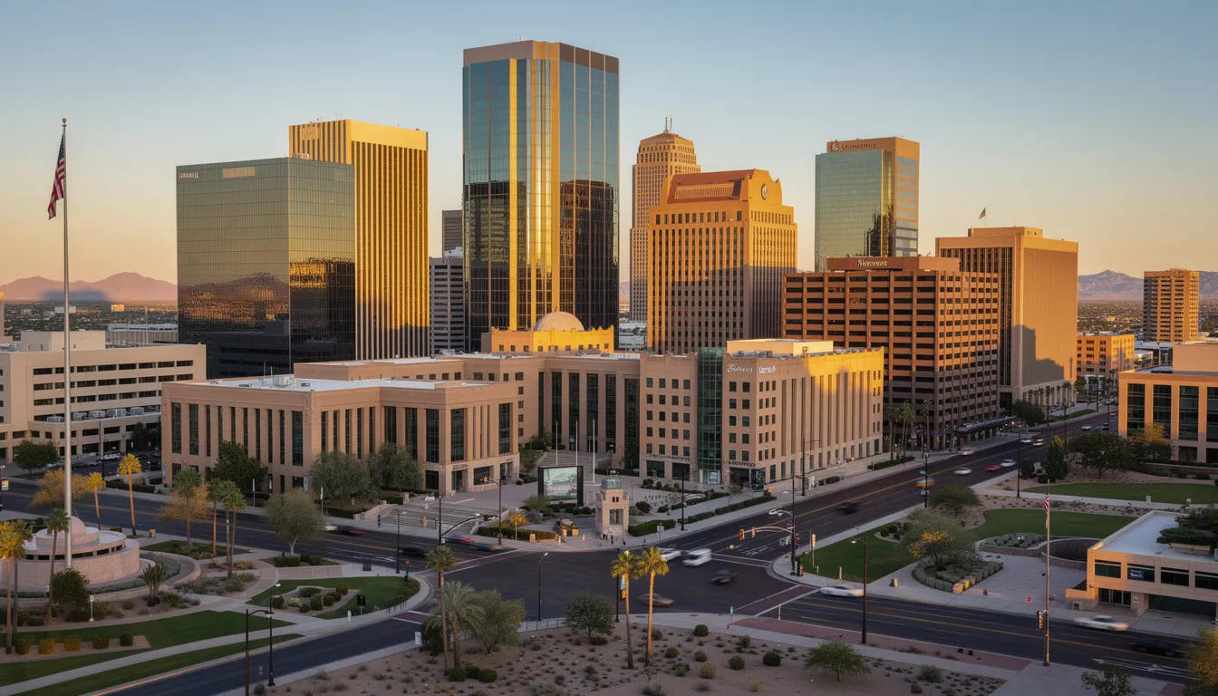 The image shows the Phoenix city skyline featuring various government buildings, including the Arizona Secretary of State's office. The scene captures the modern architecture against a clear sky, symbolizing the importance of official documents and services like notarization and apostille processes in the state.