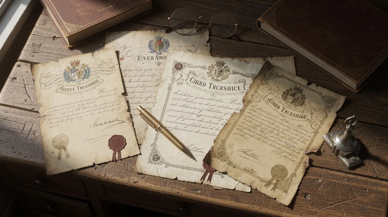 The image shows a collection of old historical documents and certificates, including birth and marriage certificates, spread across a wooden desk. These documents may be relevant for individuals looking to confirm their Polish citizenship or trace their Polish ancestry through their ancestors.