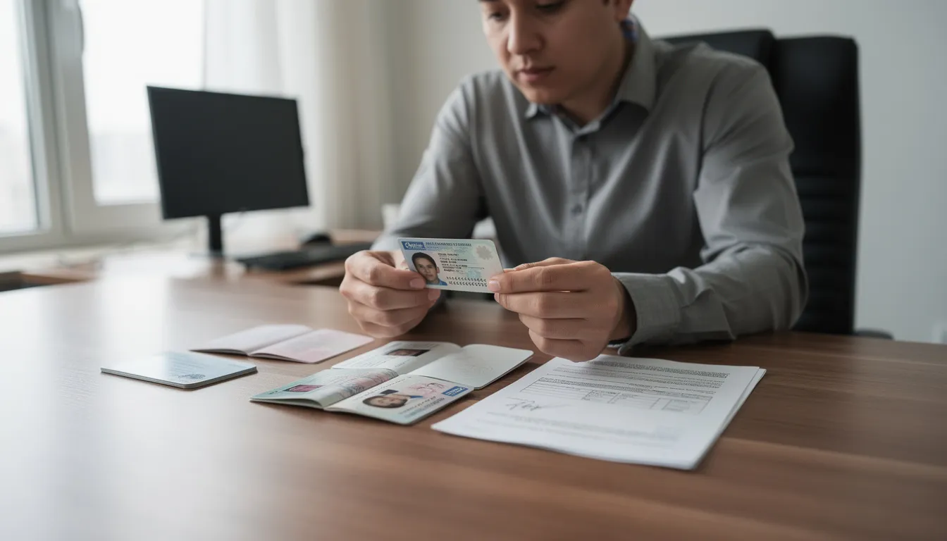 A person is seated at a desk, carefully reviewing various identification documents, including a birth certificate and a driver's license, as they prepare to submit a request for vital records. The workspace is organized, with papers and a pen placed neatly, indicating a focus on processing important identity documents.