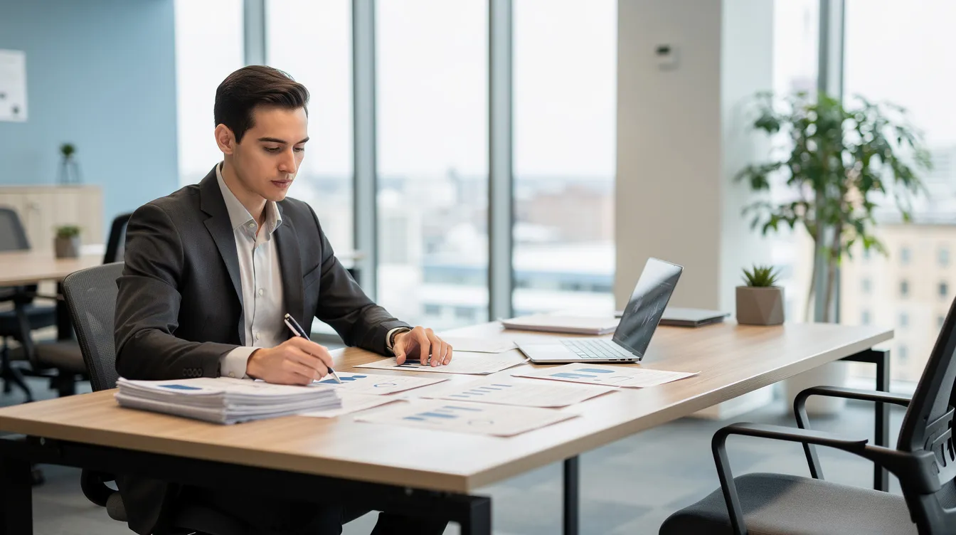 A business professional is seated at a modern office desk, intently reviewing various documents such as birth certificates, marriage licenses, and divorce papers. The workspace is organized and equipped with a computer and office supplies, reflecting a focus on document authentication and apostille services in Dallas.