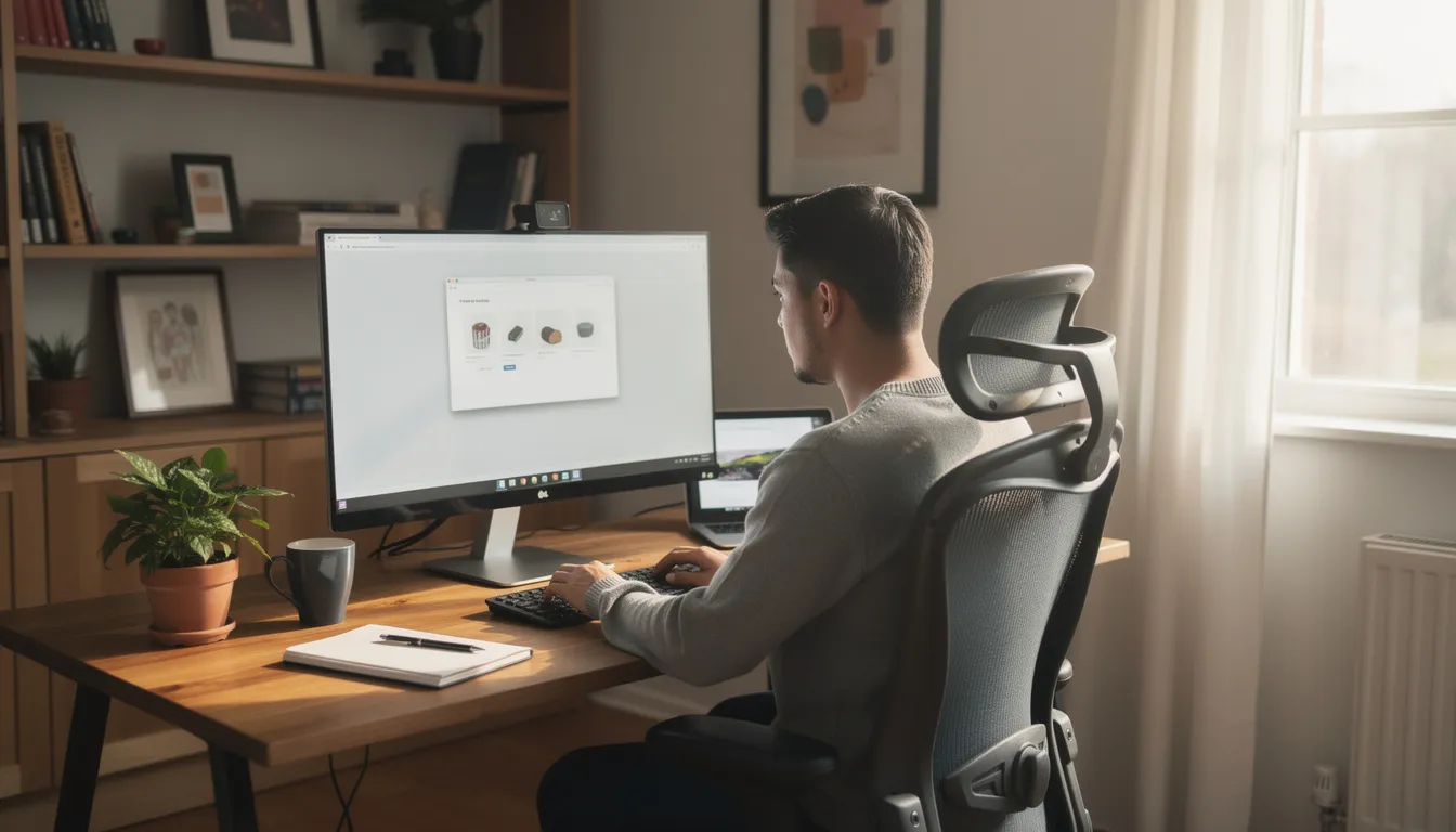 A person is seated at a desk in a cozy home office, focused on their computer while surrounded by documents, including what appears to be a birth certificate and other vital records. The room is well-lit, and shelves in the background hold various office supplies and books.