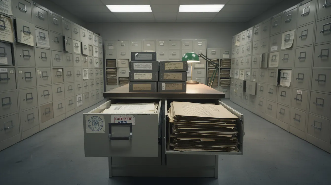 The image depicts a government archive room filled with filing cabinets and stacks of documents, likely containing vital statistics data such as birth and death certificates. This space is essential for maintaining records related to public health and demographic data, supporting the national vital statistics system.