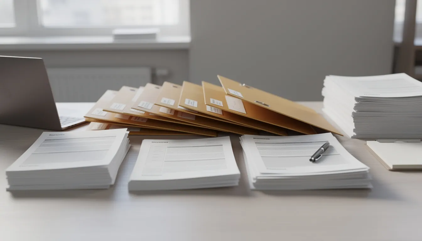 The image shows an organized office desk filled with neatly arranged file folders and documents, including vital records such as birth certificates and marriage licenses. This setup suggests a focus on maintaining important paperwork, possibly for tasks like obtaining a certified birth certificate or other vital documents.