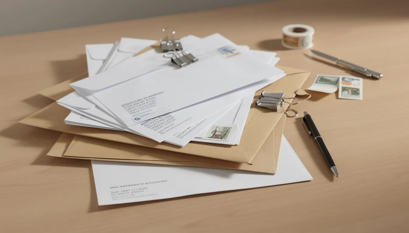 The image shows a neat stack of envelopes and documents, ready for mailing, which may include notarized documents and certified copies for apostille services. This preparation is essential for document authentication, especially when submitting to the office of the lieutenant governor in Salt Lake City for processing time related to foreign country requirements.