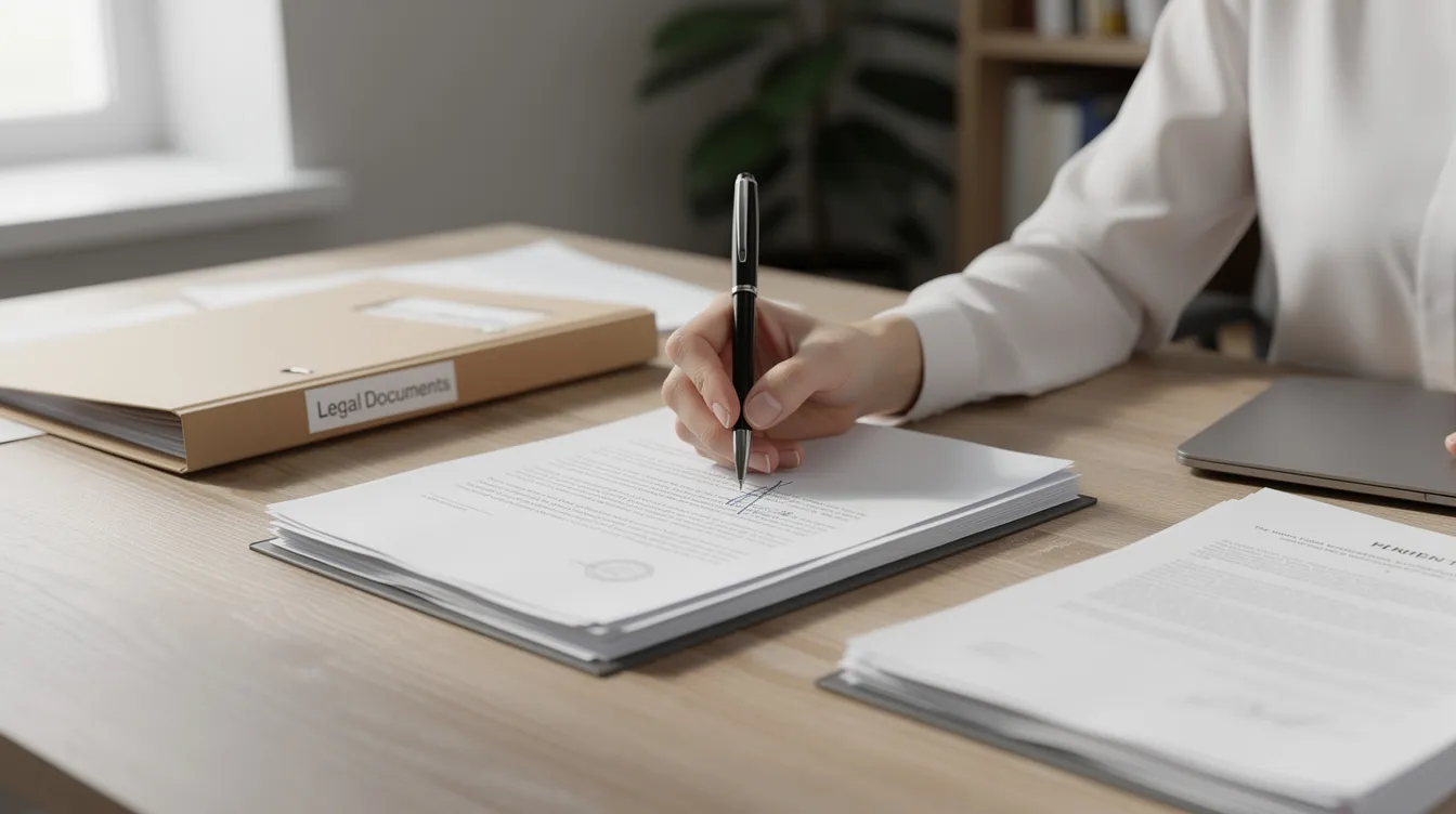 A person is seated at a desk, focused on signing legal documents with a pen, surrounded by various paperwork related to power of attorney. These documents may include details about the agent's authority to handle legal and financial matters on behalf of a family member or trusted friend.