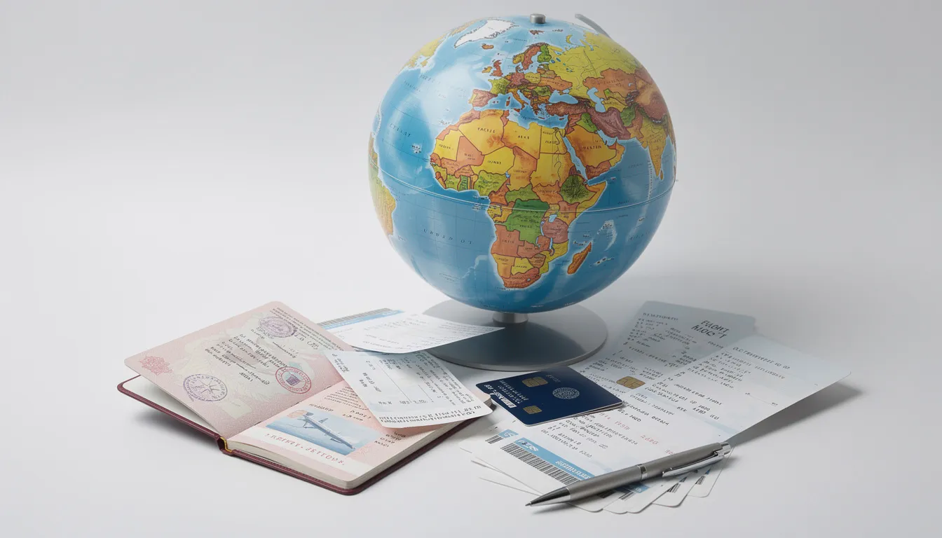 The image features a globe surrounded by international travel documents, including a passport and various notarized documents. This visual represents the importance of apostille processes and certified documents for international travel, especially when dealing with foreign countries and vital records.