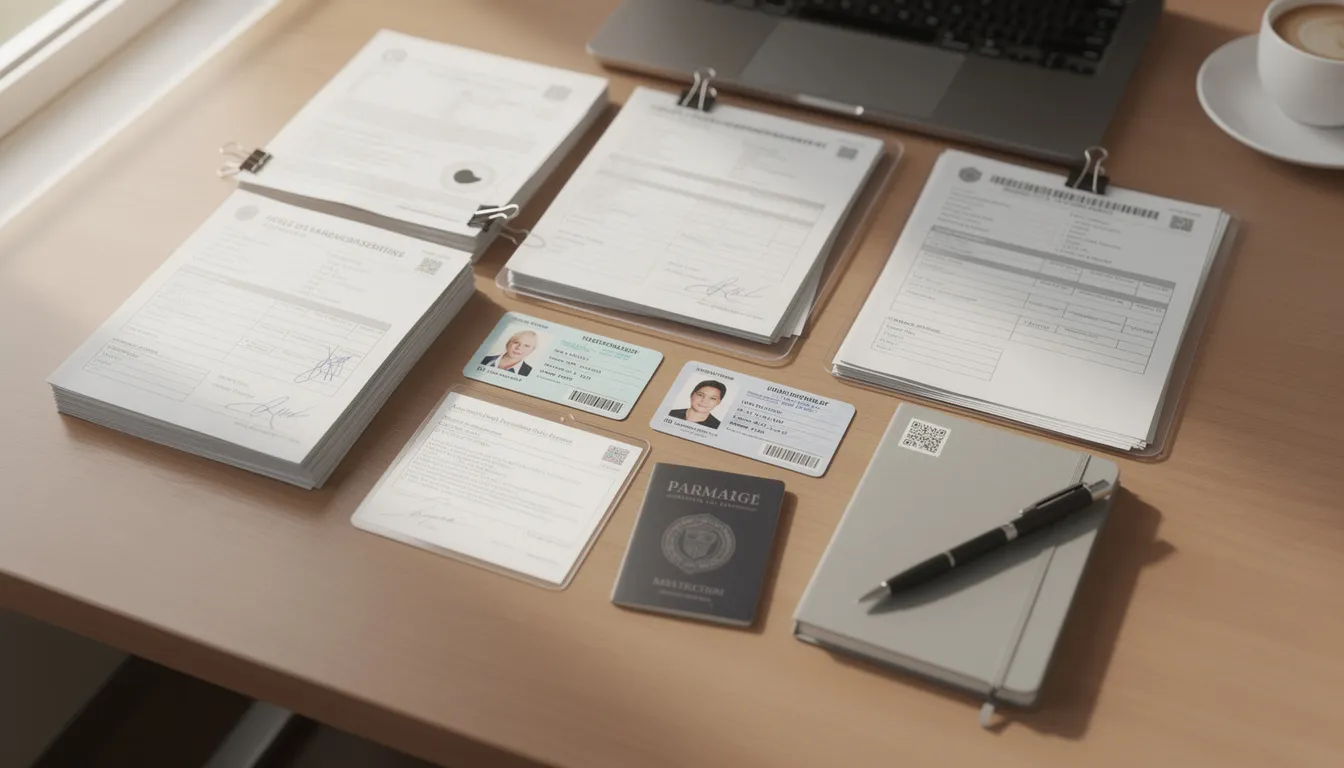 The image shows an organized layout of various documents, including birth certificates, driver's licenses, and marriage certificates, neatly arranged on a desk. These vital records are essential for identity verification and may include supporting documentation for services like school enrollment or passport applications.