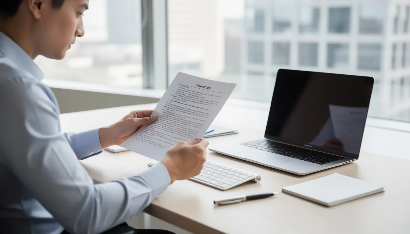 A person is seated at a modern desk, intently reviewing important documents, including legal and federal documents, with a laptop open in front of them. The scene conveys a focus on authenticating documents, possibly requiring an apostille or authentication certificate for use in a foreign country.