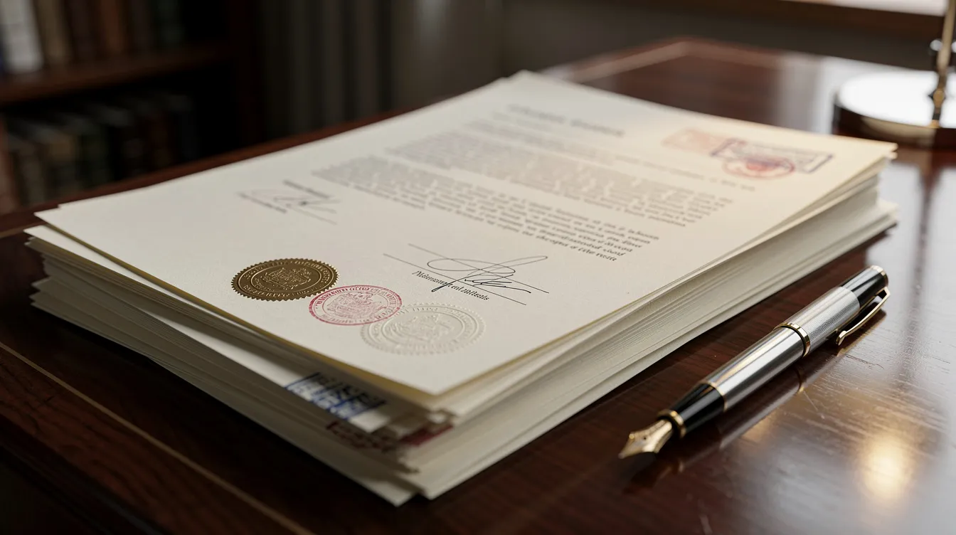 A stack of official legal documents, including marriage and birth certificates, is displayed on a wooden desk, each adorned with seals indicating they are notarized and properly authenticated for the apostille process. This arrangement suggests preparation for conducting business overseas, with the documents ready for submission to the Oregon Secretary of State for apostille certification.