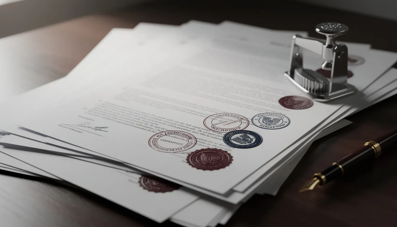 The image depicts a collection of official government documents, including birth and marriage certificates, adorned with various stamps and certification seals, resting on a wooden desk. This scene illustrates the importance of notarized documents and the apostille process for international use, particularly in relation to the Connecticut Secretary of State's office and vital records.