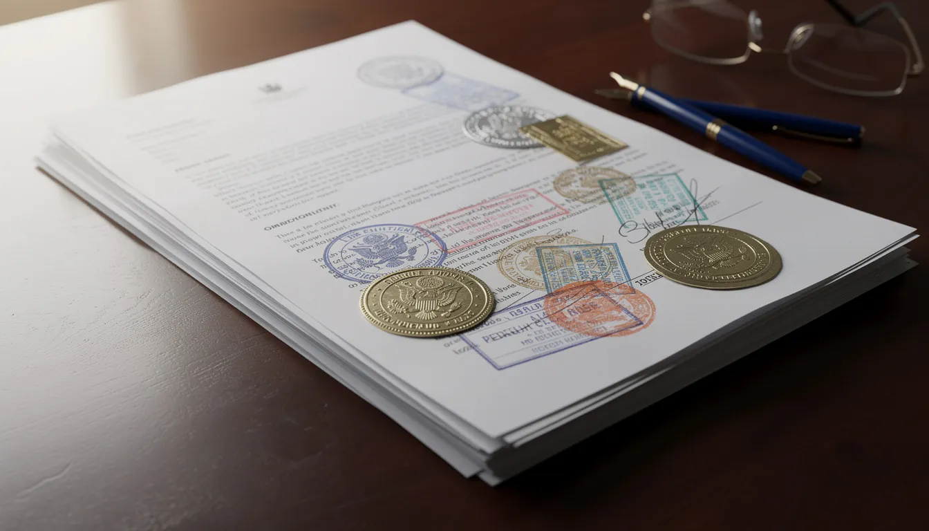 The image depicts a stack of official documents, including vital records like marriage and birth certificates, adorned with notary stamps and seals, resting on a wooden desk. These notarized documents may require an apostille or authentication certificate for use in foreign countries, reflecting their importance as legal documents.