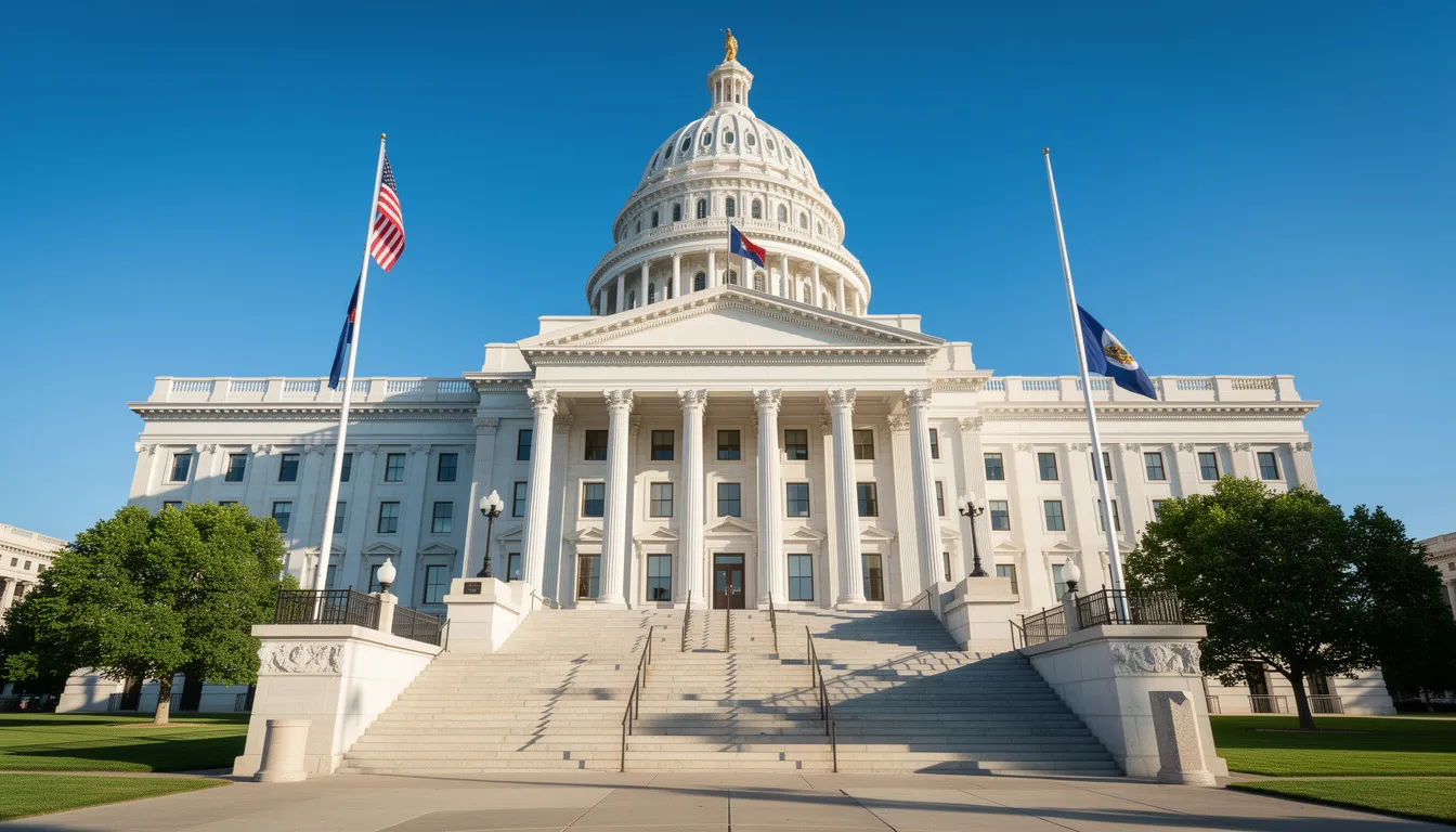 The image shows the exterior of the Utah State Capitol building, a grand structure with a dome, set against a clear blue sky. The building is located in Salt Lake City and serves as the office of the lieutenant governor, where various public documents and apostille services are processed.