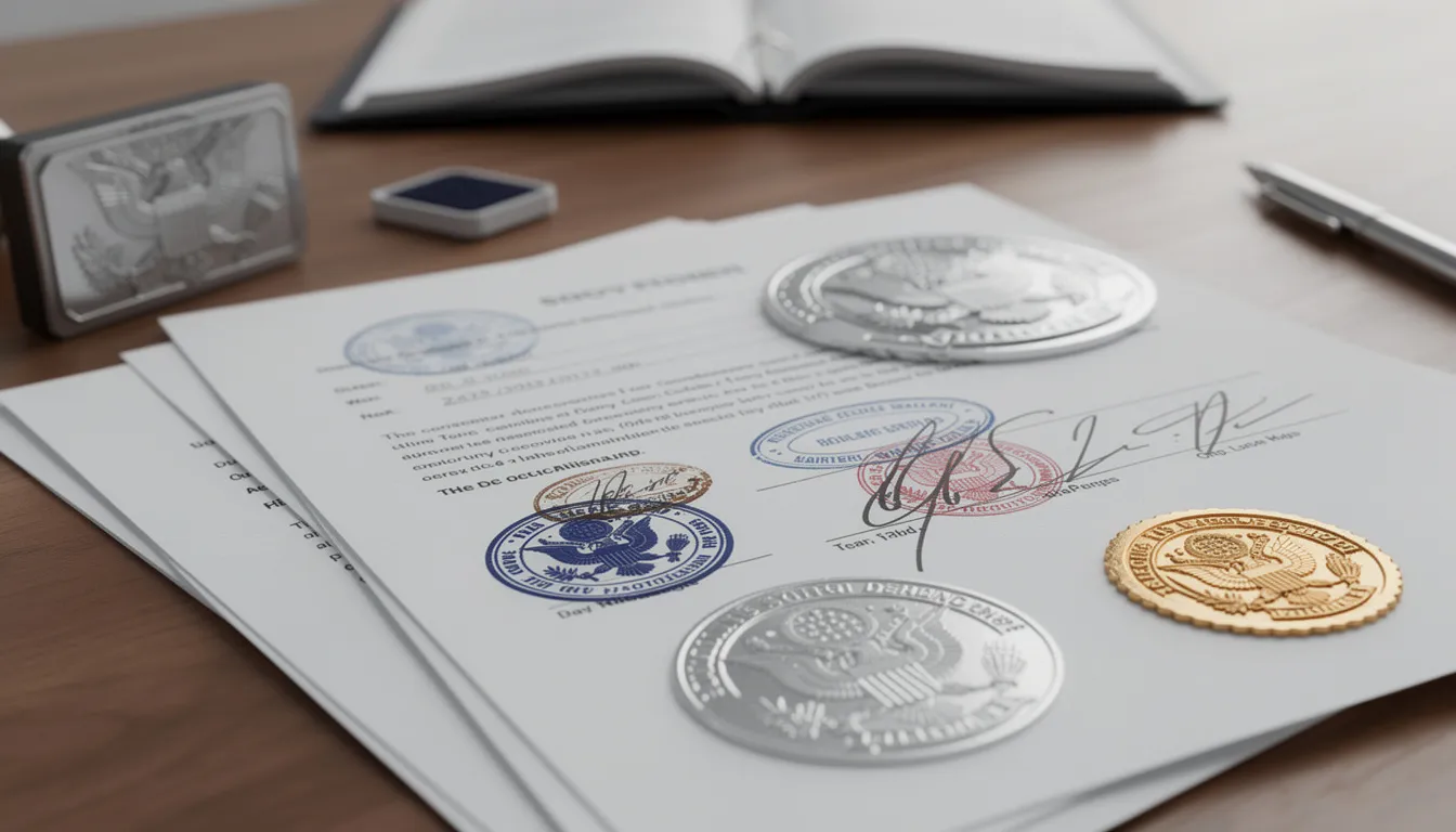 The image features various official government stamps and seals affixed to educational documents, such as a notarized diploma and transcripts, indicating their authentication and certification for use in a foreign country. These public documents are essential for foreign students seeking to verify their credentials through the apostille process.