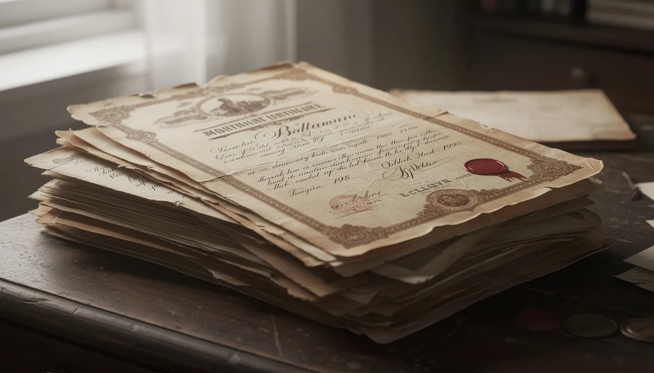 The image features a stack of vintage documents and certificates, showcasing handwritten text that may include important information related to Polish citizenship, such as family ancestry and military service records. These historical papers could be essential for individuals looking to confirm their Polish citizenship status or acquire Polish citizenship by descent.