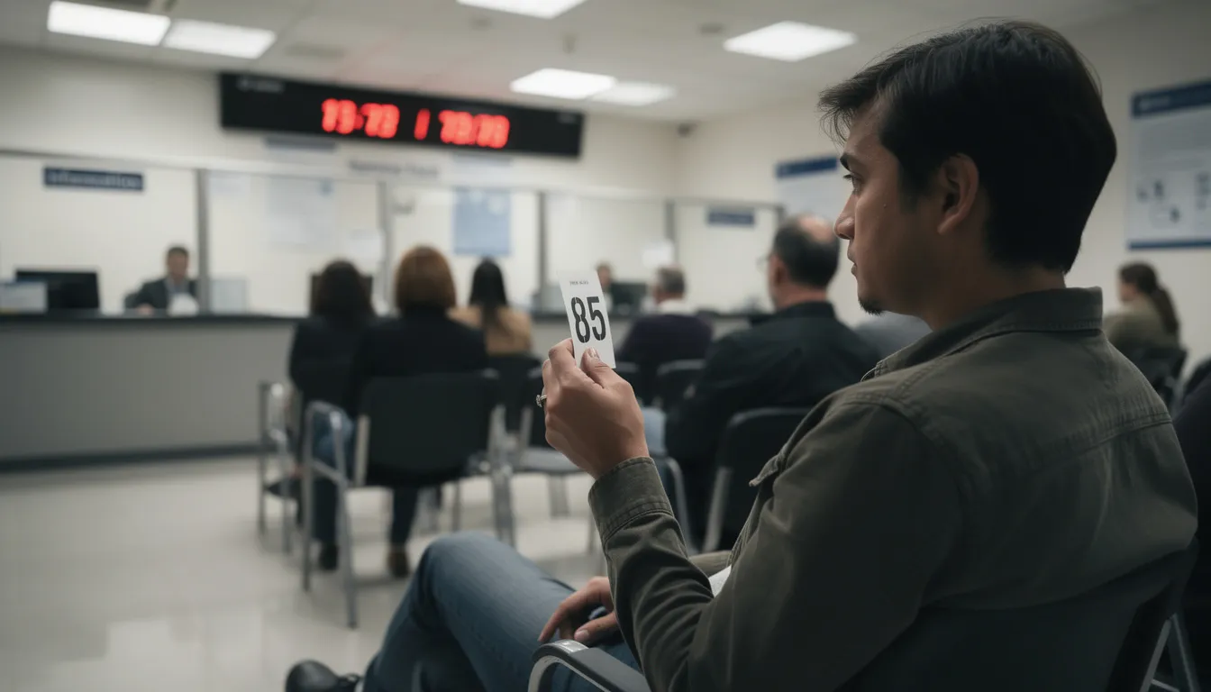 A person stands at a government service counter holding a numbered ticket, waiting for assistance with obtaining vital records such as a birth certificate or marriage certificate. The setting suggests an official environment, possibly a vital records office, where various identity documents are processed.