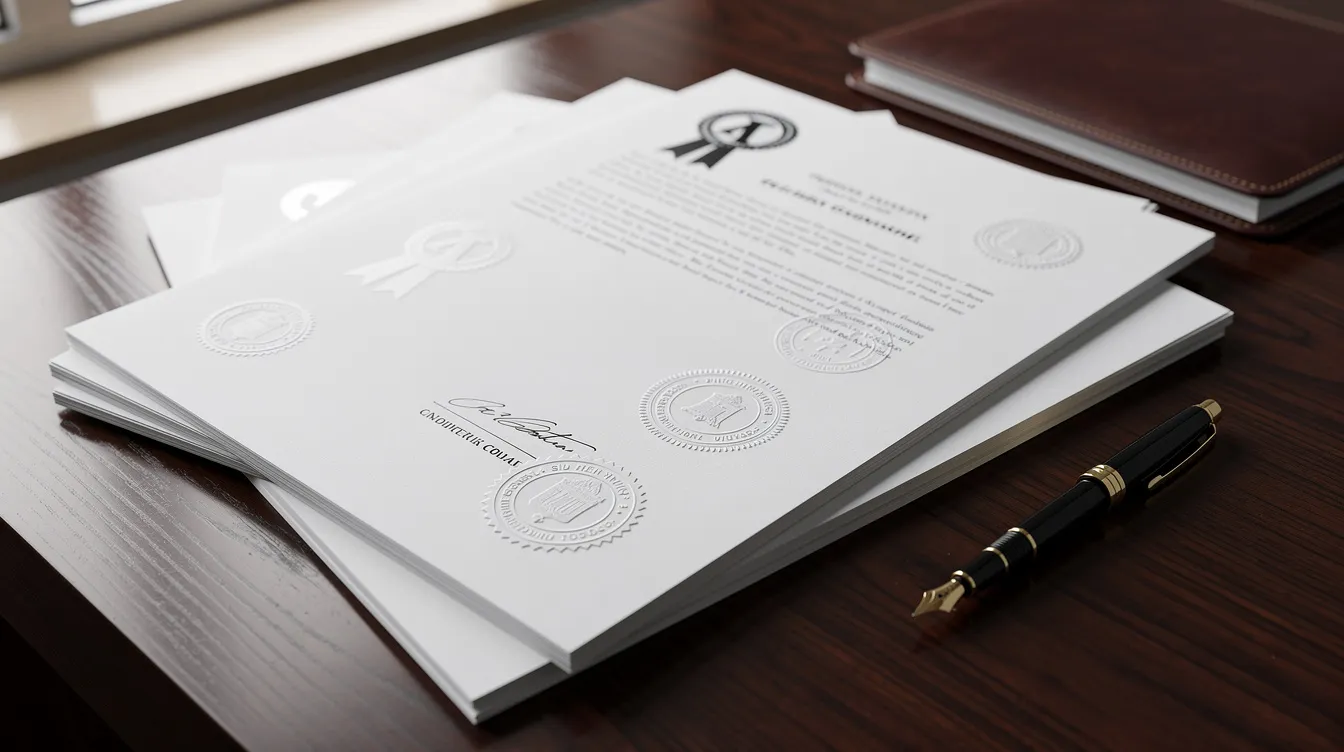 A professional stack of official documents, including birth certificates, marriage licenses, and notarized documents, is neatly arranged on a wooden desk, showcasing raised seals for authenticity. This setup highlights the importance of proper document authentication and apostille services in Dallas, Texas.