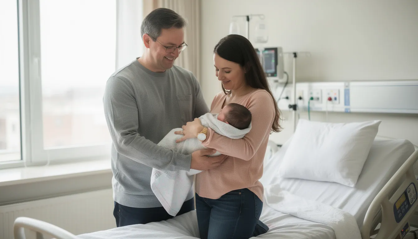 The image shows happy parents proudly holding their newborn baby in a hospital room, capturing a joyful moment of birth. This scene reflects the beginning of a new life, often accompanied by the need for vital records such as a birth certificate for the child.