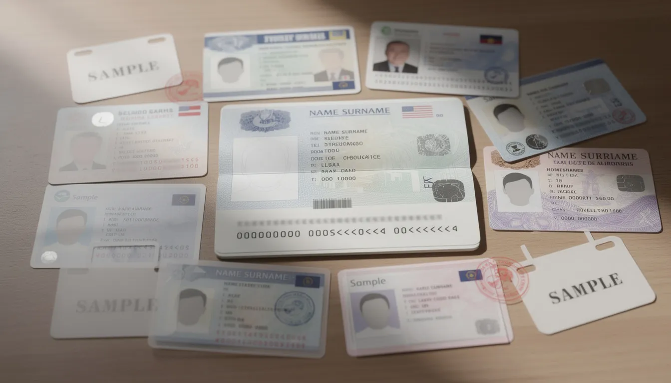 The image shows a variety of identity documents, including a passport and a driver's license, laid out on a desk. Among these documents, there may also be a birth certificate, which is essential for verifying identity and obtaining vital records.