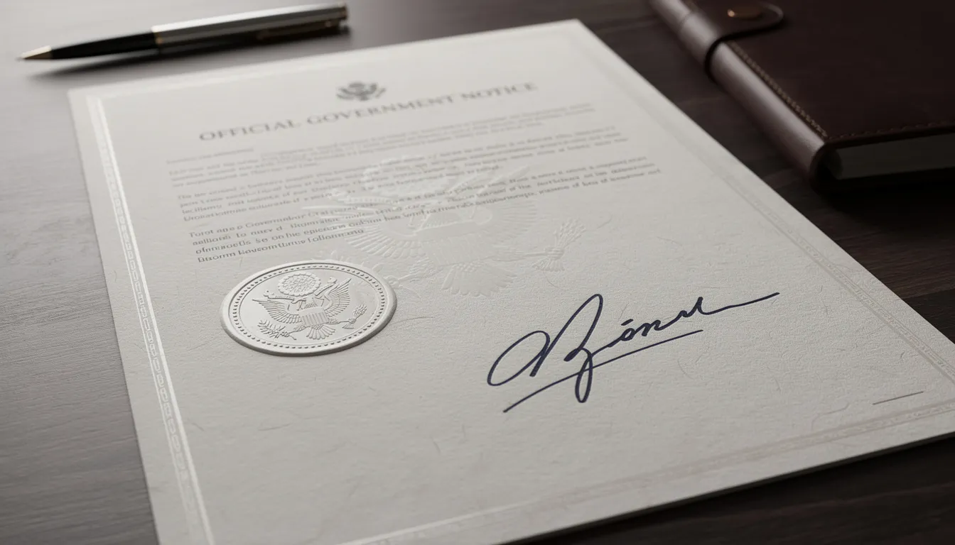 The image depicts an official government document featuring a prominent raised seal and signature, indicating it is a certified document. This notarized document may be used for apostille purposes, facilitating its acceptance in foreign countries as part of the apostille process.
