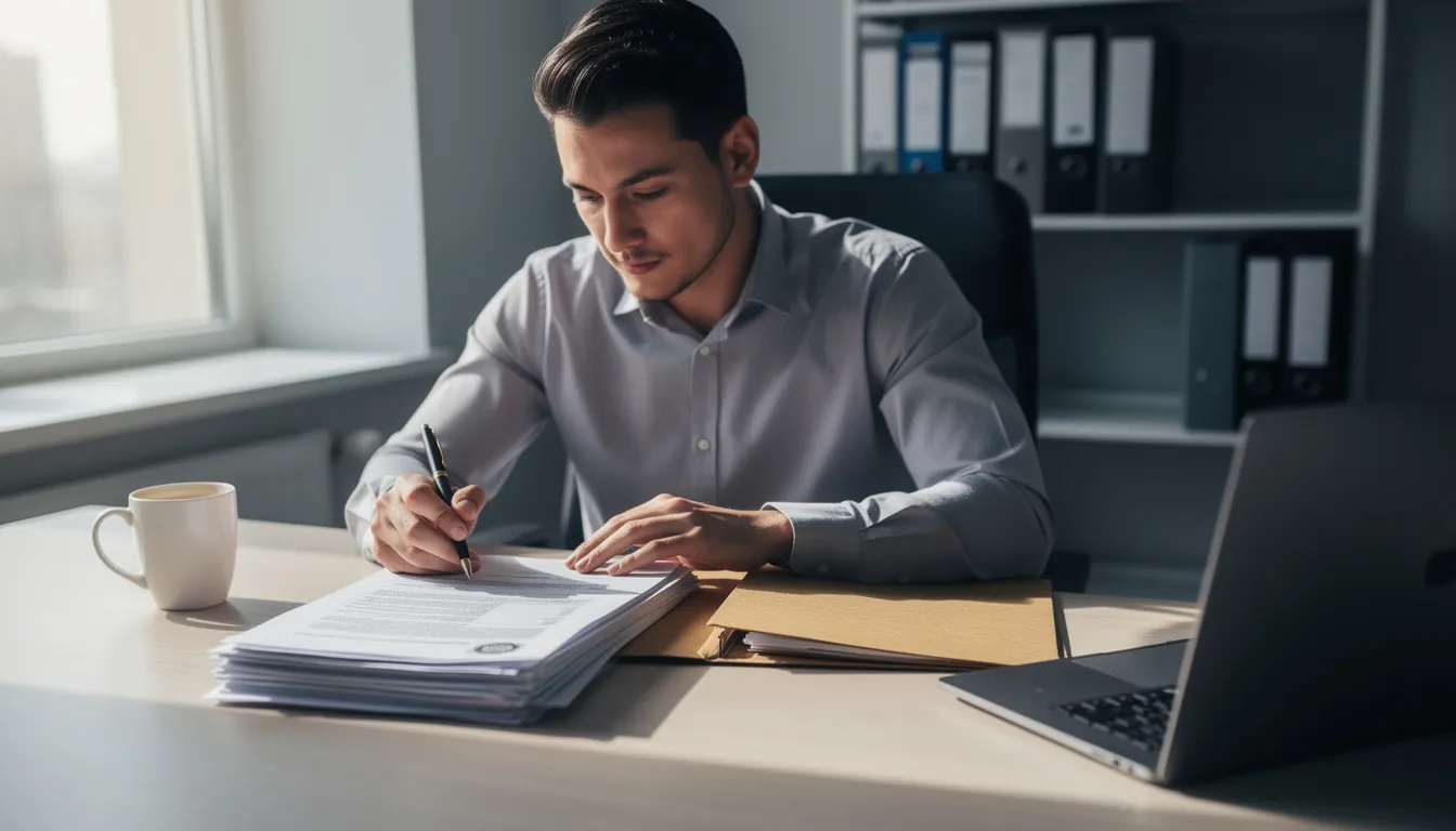 A person is sitting at a desk, carefully reviewing official paperwork, which may include notarized documents and vital records. This scene suggests they are engaged in the apostille process, potentially preparing to submit certified documents to the Arizona Secretary of State's office for authentication services.