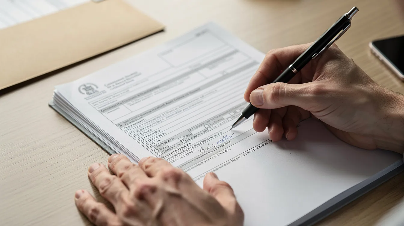 A close-up image shows hands filling out a legal document with a pen, likely a power of attorney form, which grants an attorney in fact the authority to manage financial and medical decisions on behalf of the principal. The focus on the paperwork highlights the importance of proper documentation in legal and financial matters.