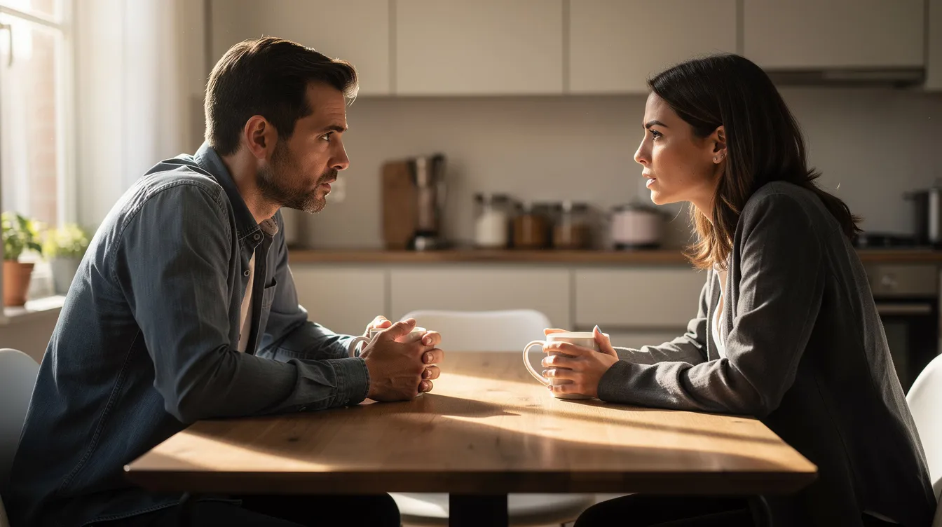 Two individuals are engaged in a serious conversation over coffee at a kitchen table, discussing important topics related to power of attorney, including legal and financial matters. They appear to be family members or trusted friends, contemplating the implications of appointing an attorney in fact for healthcare decisions and managing bank accounts.