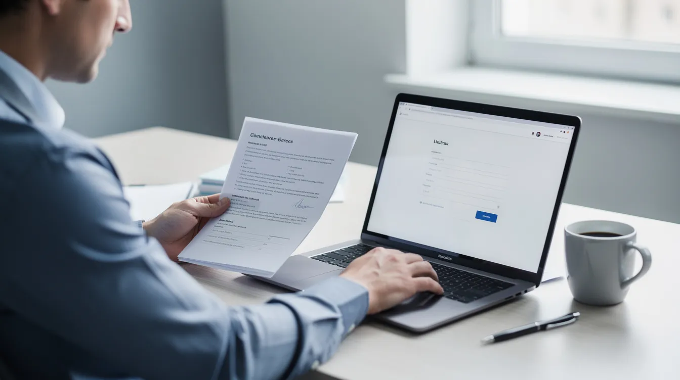 A person is seated at a desk, intently reviewing important documents while filling out an online form on their laptop. The scene suggests they are engaged in the ordering process for vital records, such as birth certificates or death certificates, involving necessary details and required documents.