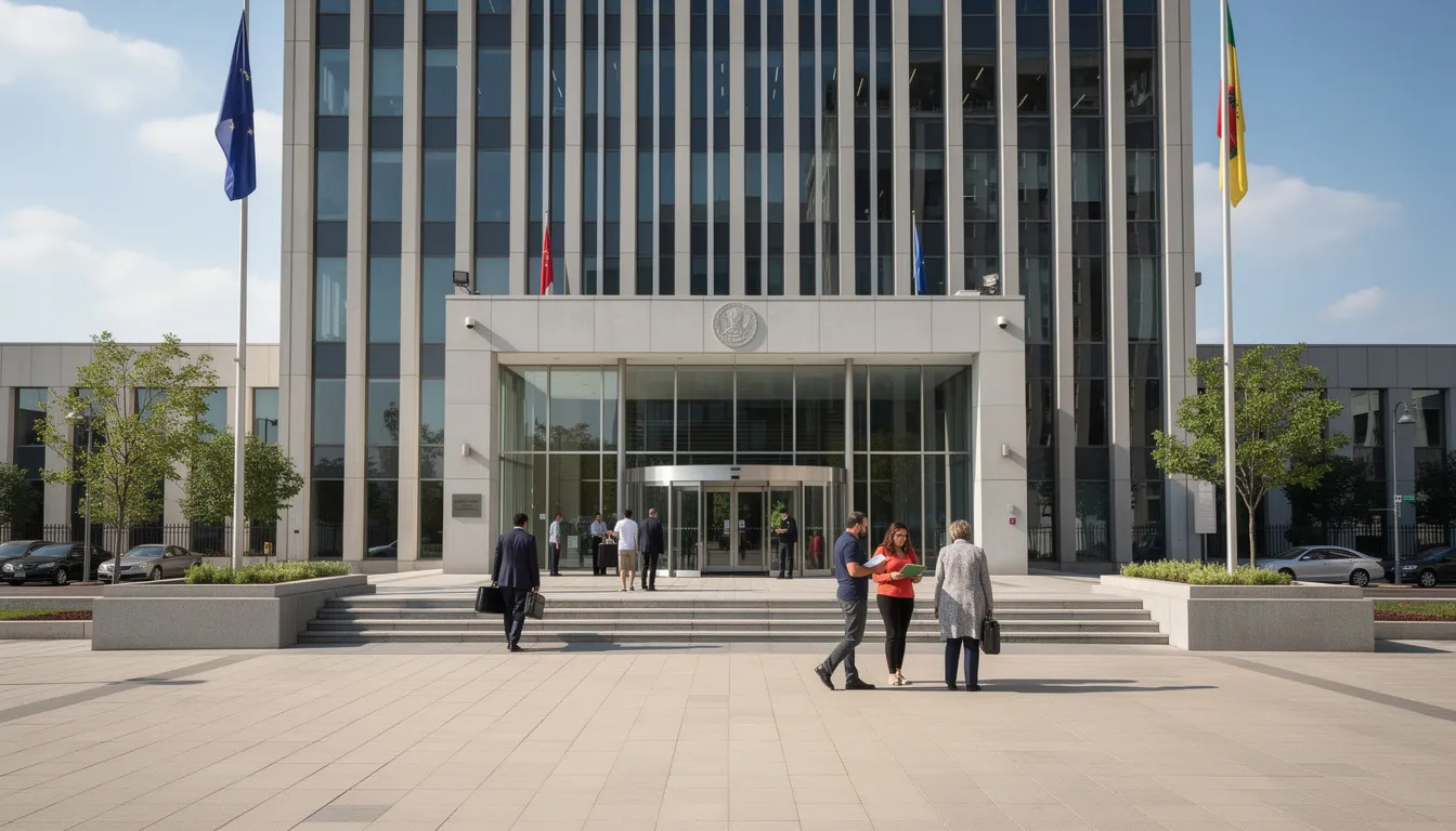 The image shows a government office building with several people entering, likely to process official documents such as birth certificates, marriage licenses, or other vital records. This state office may also handle notarized documents and the apostille process for document authentication.